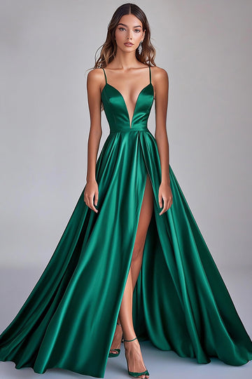 Mörkgrön A-linje Spaghetti Straps Satin Lång Balklänning med slits